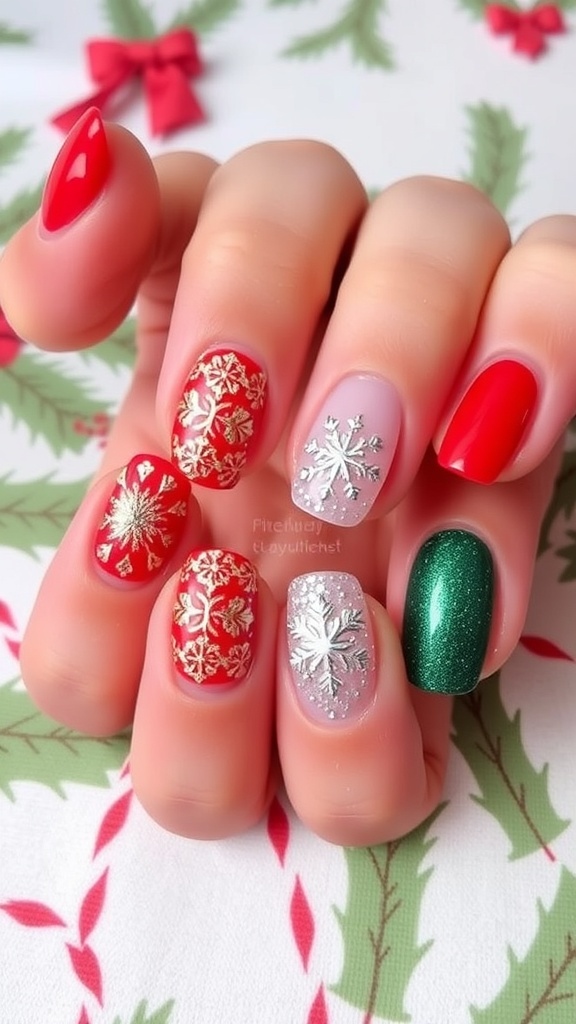 Elegant short round Christmas nails with various designs including red, gold, and snowflakes.